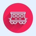 White line Passenger train cars toy icon isolated with long shadow background. Railway carriage. Red circle button Royalty Free Stock Photo