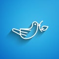 White line Peace dove with olive branch icon isolated on blue background. Happy Easter. Long shadow