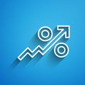 White line Percent up arrow icon isolated on blue background. Increasing percentage sign. Long shadow. Vector