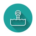 White line Periscope in the waves above the water icon isolated with long shadow background. Green circle button. Vector