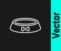 White line Pet food bowl for cat or dog icon isolated on black background. Dog bone sign. Vector Royalty Free Stock Photo