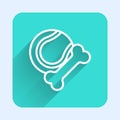 White line Pet toys bone rubber and ball icon isolated with long shadow. Green square button. Vector Royalty Free Stock Photo