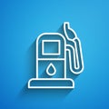 White line Petrol or gas station icon isolated on blue background. Car fuel symbol. Gasoline pump. Long shadow. Vector Royalty Free Stock Photo