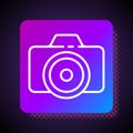 White line Photo camera icon isolated on black background. Foto camera icon. Square color button. Vector Illustration. Royalty Free Stock Photo