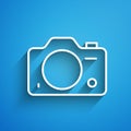 White line Photo camera icon isolated on blue background. Foto camera. Digital photography. Long shadow. Vector Royalty Free Stock Photo