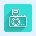 White line Photo camera with lighting flash icon isolated with long shadow. Foto camera. Digital photography. Green Royalty Free Stock Photo