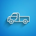 White line Pickup truck icon isolated on blue background. Long shadow Royalty Free Stock Photo