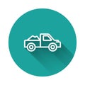 White line Pickup truck icon isolated with long shadow background. Green circle button. Vector Royalty Free Stock Photo