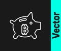 White line Piggy bank bitcoin icon isolated on black background. Icon saving or accumulation of money, investment Royalty Free Stock Photo