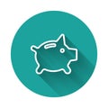 White line Piggy bank icon isolated with long shadow. Icon saving or accumulation of money, investment. Green circle