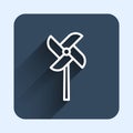 White line Pinwheel toy icon isolated with long shadow background. Windmill toy icon. Blue square button. Vector Royalty Free Stock Photo