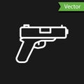 White line Pistol or gun icon isolated on black background. Police or military handgun. Small firearm. Vector Royalty Free Stock Photo