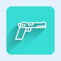White line Pistol or gun icon isolated with long shadow. Police or military handgun. Small firearm. Green square button