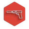 White line Pistol or gun with silencer icon isolated with long shadow. Red hexagon button. Vector Illustration.