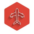 White line Plane icon isolated with long shadow. Flying airplane. Airliner insurance. Security, safety, protection