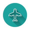 White line Plane icon isolated with long shadow. Flying airplane icon. Airliner sign. Green circle button. Vector