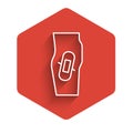 White line Plaster on leg icon isolated with long shadow. Red hexagon button. Vector