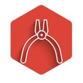 White line Pliers tool icon isolated with long shadow. Pliers work industry mechanical plumbing tool. Red hexagon button