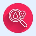White line Poisonous research magnifying glass icon isolated with long shadow background. Red circle button. Vector