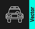 White line Police car and police flasher icon isolated on black background. Emergency flashing siren. Vector Royalty Free Stock Photo