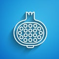 White line Pomegranate icon isolated on blue background. Garnet fruit. Long shadow. Vector