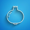 White line Pomegranate icon isolated on blue background. Garnet fruit. Long shadow. Vector