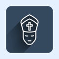 White line Pope icon isolated with long shadow background. Pope hat. Holy father. Blue square button. Vector