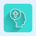 White line Priest icon isolated with long shadow background. Green square button. Vector