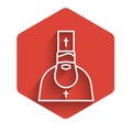 White line Priest icon isolated with long shadow. Red hexagon button. Vector Illustration.