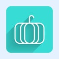 White line Pumpkin icon isolated with long shadow. Happy Halloween party. Green square button. Vector Royalty Free Stock Photo