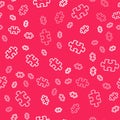 White line Puzzle pieces toy icon isolated seamless pattern on red background. Vector Royalty Free Stock Photo
