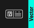 White line QR code ticket train icon isolated on black background. Vector Royalty Free Stock Photo