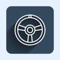 White line Racing steering wheel icon isolated with long shadow background. Car wheel icon. Blue square button. Vector Royalty Free Stock Photo