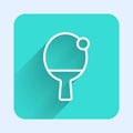 White line Racket for playing table tennis icon isolated with long shadow. Green square button. Vector Royalty Free Stock Photo
