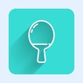 White line Racket for playing table tennis icon isolated with long shadow. Green square button. Vector Illustration