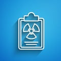 White line Radiation warning document icon isolated on blue background. Text file. Long shadow. Vector