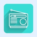 White line Radio with antenna icon isolated with long shadow background. Green square button. Vector Royalty Free Stock Photo