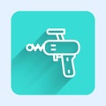 White line Ray gun icon isolated with long shadow. Laser weapon. Space blaster. Green square button. Vector Royalty Free Stock Photo