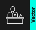White line Receptionist standing at hotel reception desk icon isolated on black background. Vector Royalty Free Stock Photo