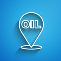 White line Refill petrol fuel location icon isolated on blue background. Gas station and map pointer. Long shadow Royalty Free Stock Photo