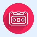 White line Retro audio cassette tape icon isolated with long shadow background. Red circle button. Vector Royalty Free Stock Photo