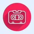 White line Retro audio cassette tape icon isolated with long shadow. Red circle button. Vector Royalty Free Stock Photo