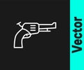 White line Revolver gun icon isolated on black background. Vector Royalty Free Stock Photo