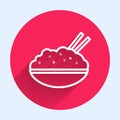 White line Rice in a bowl with chopstick icon isolated with long shadow. Traditional Asian food. Red circle button