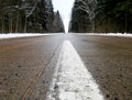 White line of road markings on asphalt, winter landscape on the road, trees in the forest, view of the road from below into the Royalty Free Stock Photo