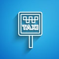 White line Road sign for a taxi stand icon isolated on blue background. Long shadow. Vector Royalty Free Stock Photo