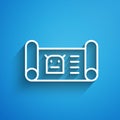 White line Robot blueprint icon isolated on blue background. Long shadow. Vector