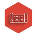 White line Robot blueprint icon isolated with long shadow. Red hexagon button. Vector