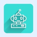White line Robot toy icon isolated with long shadow. Green square button. Vector