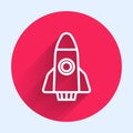 White line Rocket ship icon isolated with long shadow background. Space travel. Red circle button. Vector Royalty Free Stock Photo